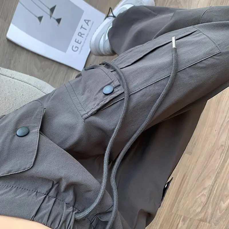 Women's Solid Pockets Spring Autumn High Waisted Buttons Elastic Ankle Tied Lanterns Harlan Casual Workwear Trousers Pants