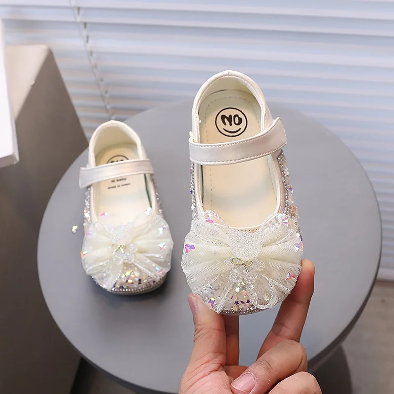 Girls Leather Shoes with Star Sequins Kids Dress Shoes Princess Style Fashion Elegant New Children Flat with Mesh Bow
