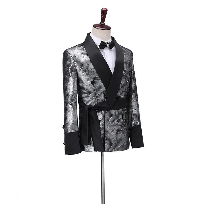 Latest Coat Pant Designs Slim Shiny Silver Smoking Jacket Italian Tuxedo Dress Double Breasted Men Suits For Wedding Groom
