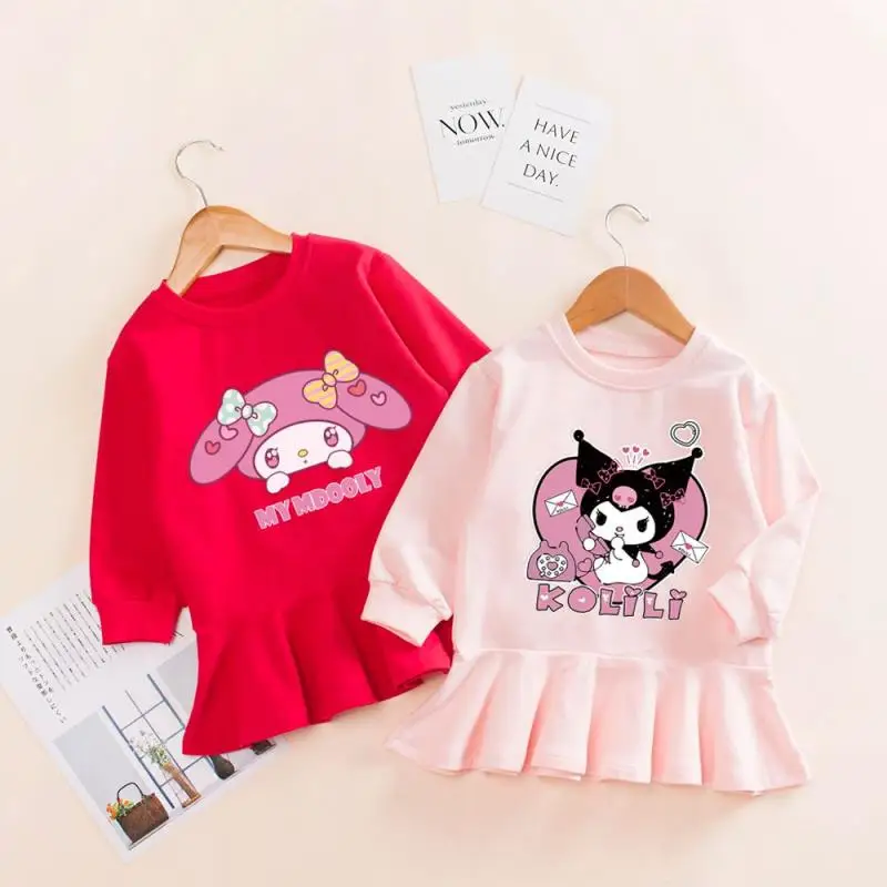 

Новинка, платье для девочек Sanrio, свитшот, юбка Kuromi My Melody, с мультяшным рисунком, Милая Одежда для девочек на весну и осень, праздничный подарок