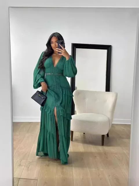 Robe Maxi élégante pour femmes, à volants, manches longues, ajourée, robes de soirée, Chic, vert, bleu, violet, nouveau, vacances d'été