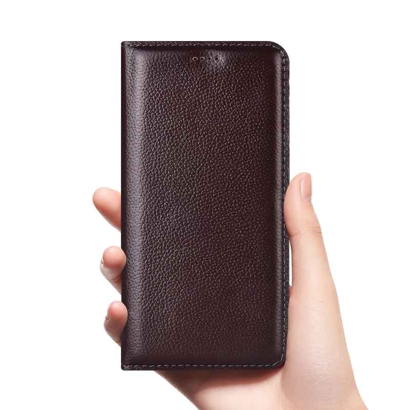 Litchi Pattern Genuine Leather Flip Phone Case - Stylish Protective Cover