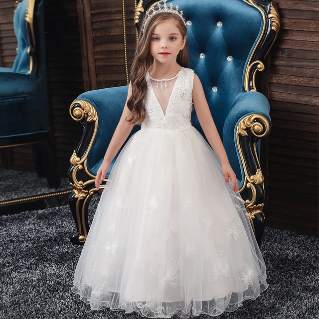 Formal de encaje para niñas de 3 a 12 años, traje bordado de princesa para boda, largos de dama honor, ropa de fiesta de cumpleaños para niños - AliExpress