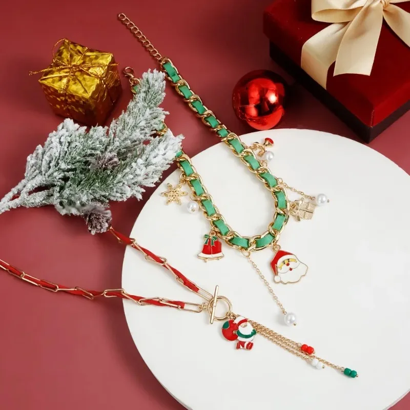 Cute Christmas Red Green Choker Clavicle Necklace for Women Xmas New Year Party Gift Festival Metal Girl Jewelry
