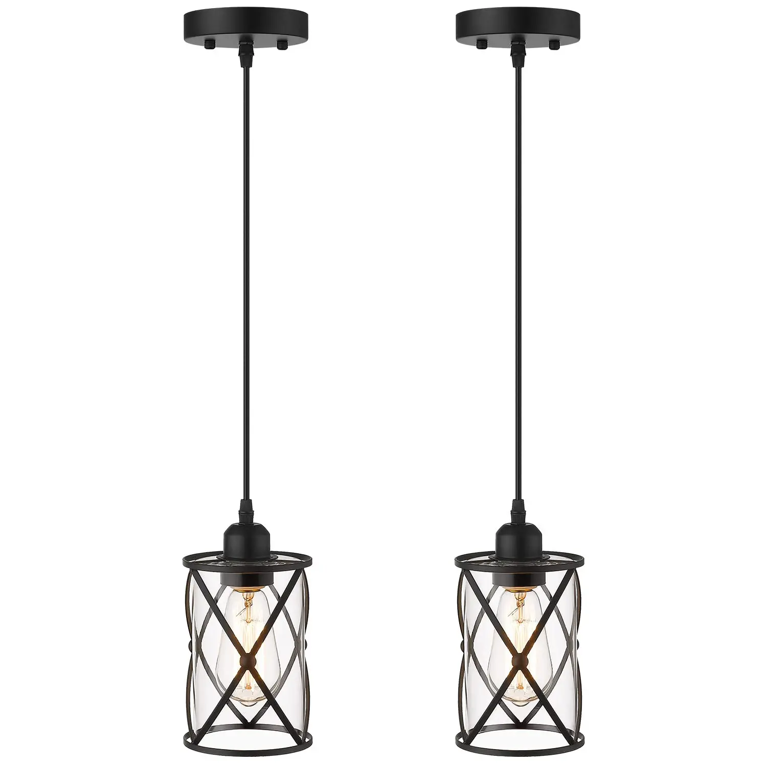 2 Pack Mini Glass Pendant Light for Kitchen, Cage Pendant Lighting in Black Finish with Clear Glass, Adjustable Length