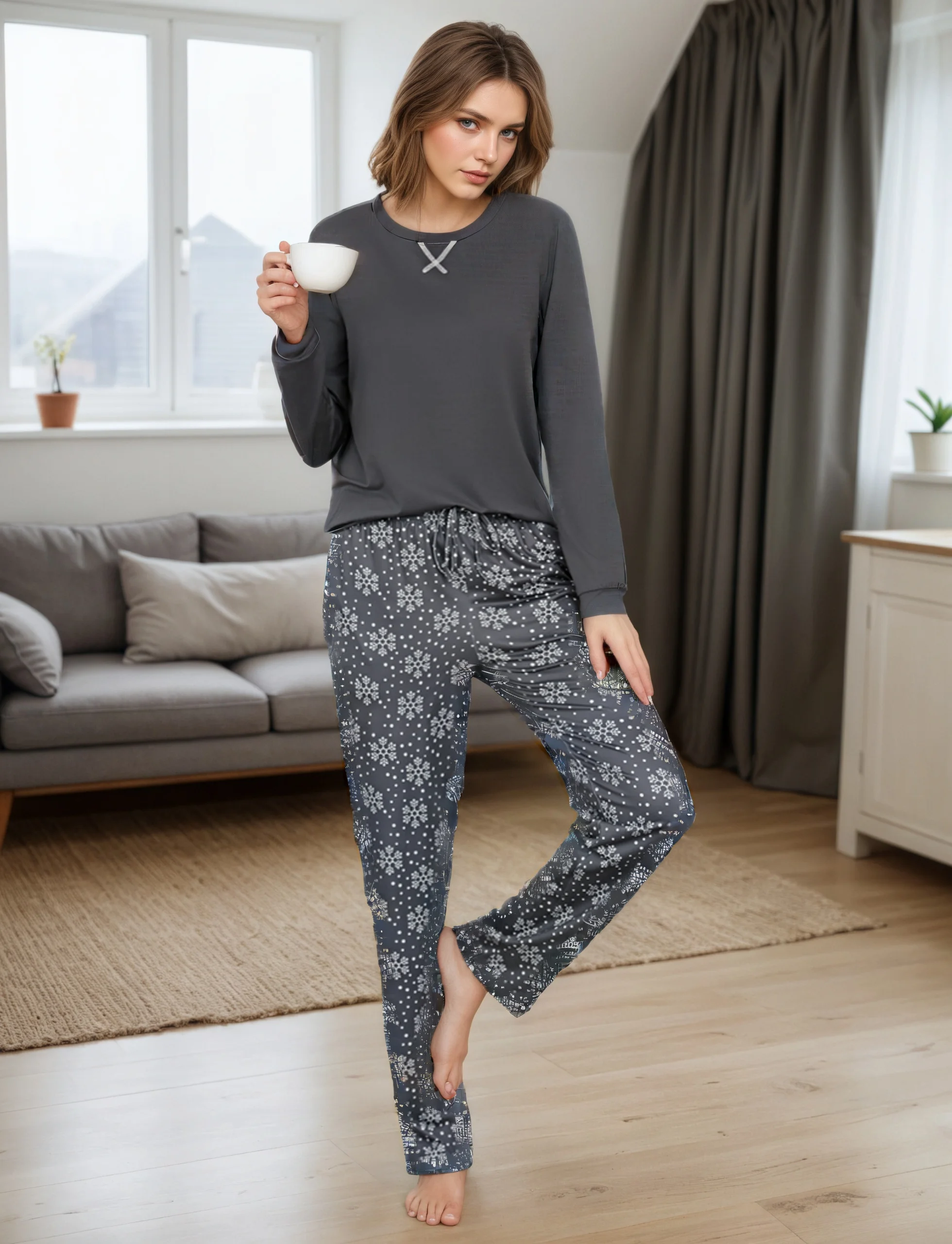 Langer Winter-Pyjama für Damen, langärmeliger Pyjama für Damen, zweiteiliges Pyjama-Set, Loungewear mit Taschen und Manschetten – Detail 4
