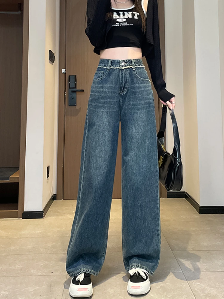 

2024 New Casual Women Jeans Design Sense Raw Edge Pocket High Waist Spring Summer Straight Tube Wide Leg Jeans Long Women Pants