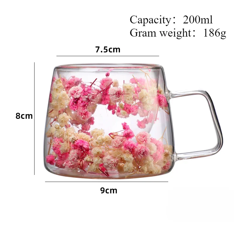 Glass Double Wall Tea Cup Clear Flowers Heat Resistant