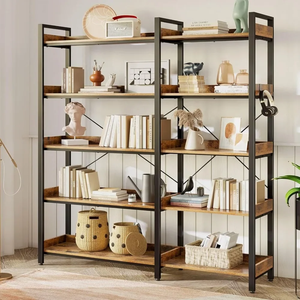 Bookshelf 5 Tier with 4 Hooks Reversible Corner Bookshelf 65" Industrial Wooden Bookcase 4