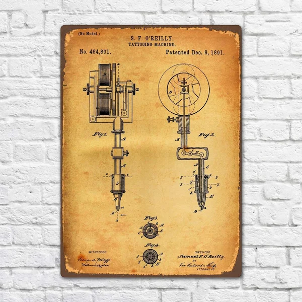 

Винтажная тату-машина 1891, патент, винтажный Ретро металлический жестяной знак, металлический знак, Настенный декор, модный художественный плакат, металлическая пластина