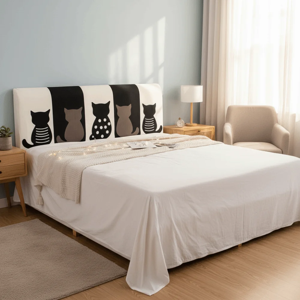 Elastic Bed Head Cover Cartoon Dustproof Headboard Cover Skin-friendly Feel Cat Pattern Bed Back Dust Protector Cover Decoration