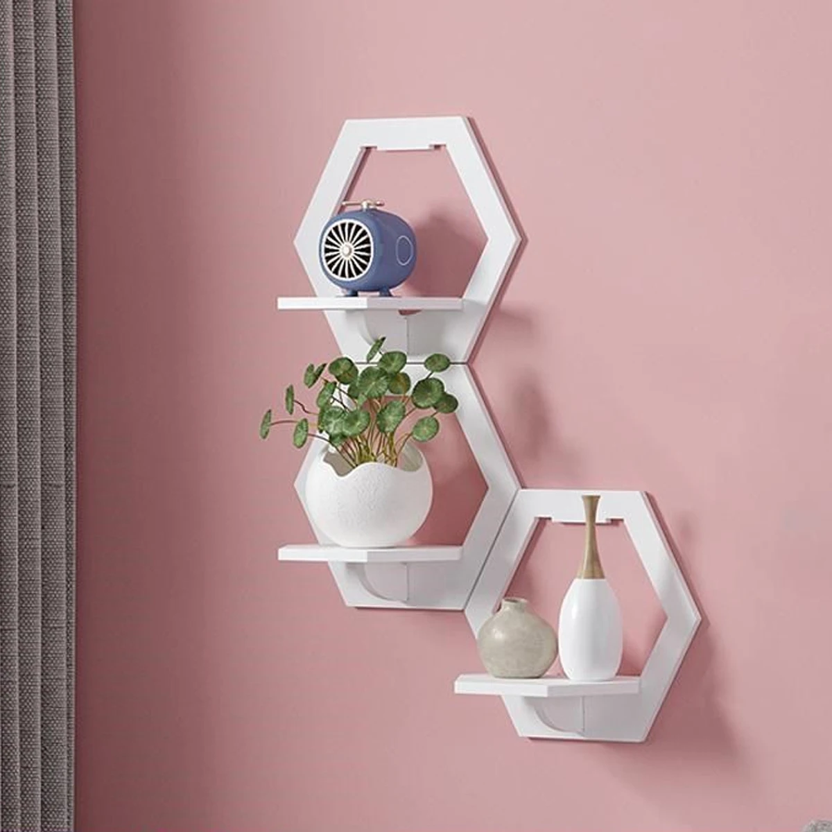 Hexagon Wall Shelf Punch Free Bedside Wall Display Stand Flower Pot Holder Mounted Organizer TV Background Decor 3/6pcs Storage Rack Wall Shelf Organizer Wall Shelf