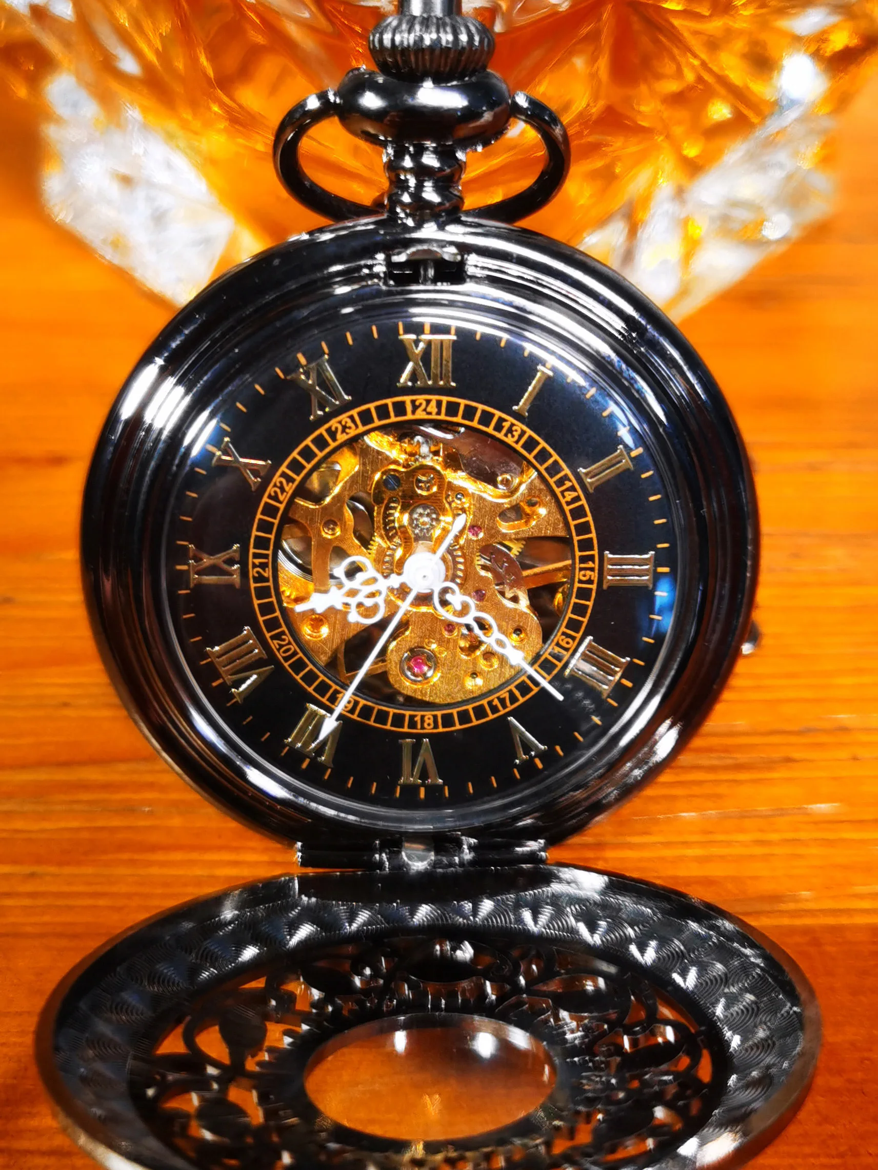 VintageBronzeGoldSkeletonPocketWatchforMenRomanNumberWhite