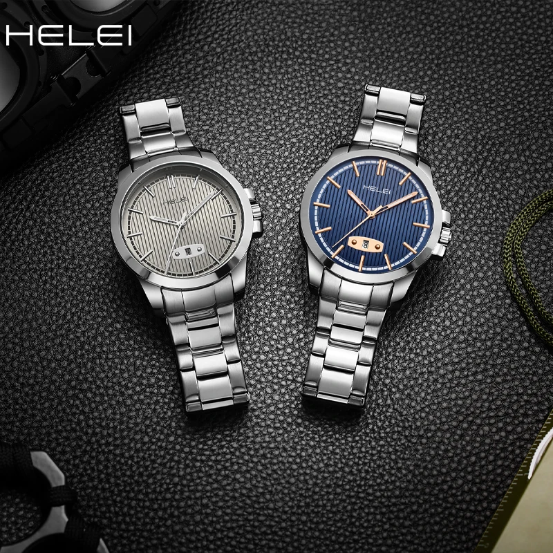 HELEI2024 Classic Men's Quartz Watch Mineral Hardened Glass Date Display Stainless Steel Quartz Watch Waterproof Men's Watch