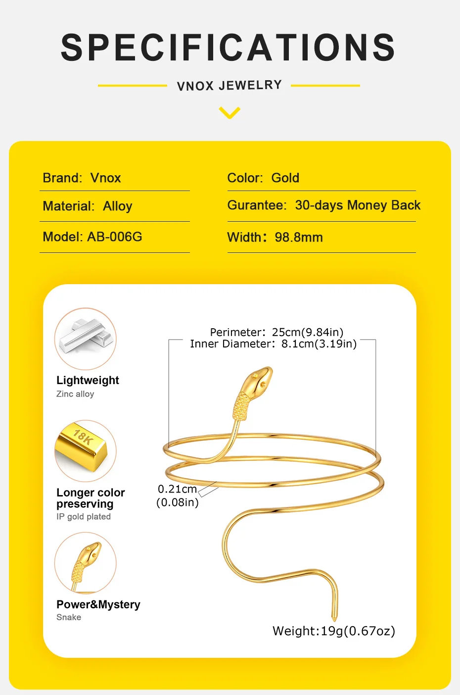 Vnox Schlangenspiral-Armband für Damen, einfaches Manschettenarmband aus Edelstahl, modische Armbinde, Schmuck im Großhandel – Detail 4