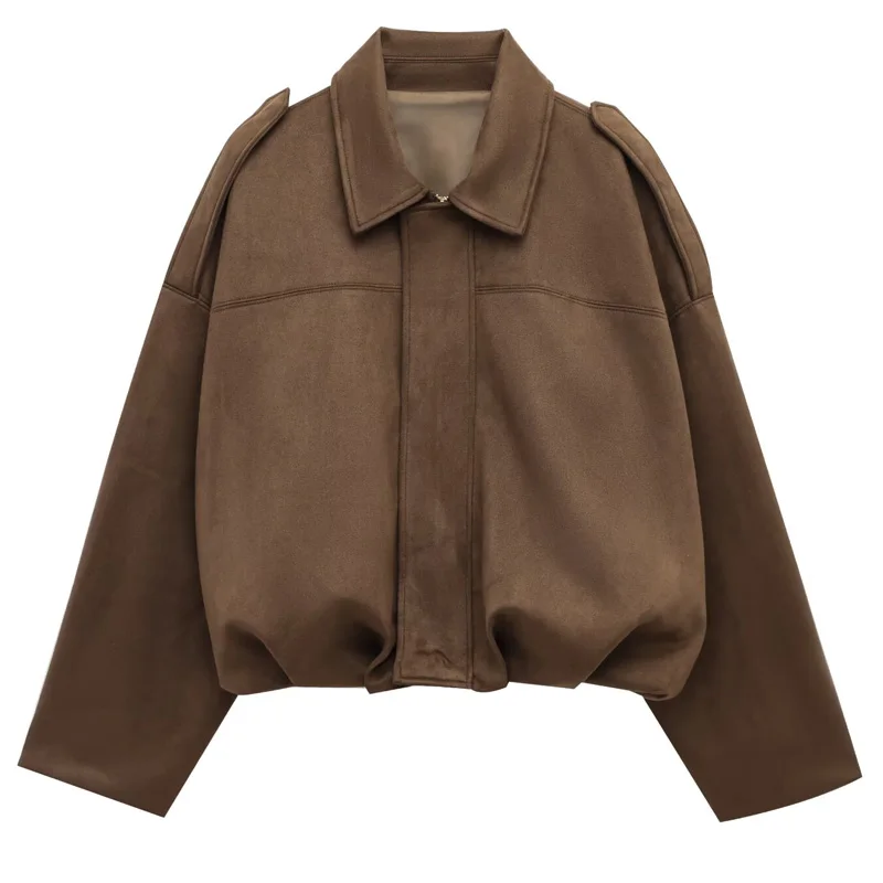 HXAO Women's Bomber Jacket Lapel Long Sleeve Zipper Suede