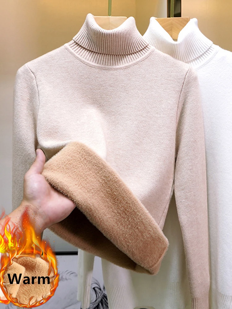 

Turtleneck Winter Sweaters Women Elegant Thicken Velvet Lined Warm Knitted Pullover Slim Long Sleeve Top Jersey Knitwear Jumper