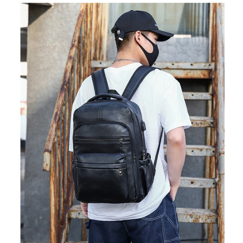 High Quality USB Charging Backpack Men PU Leather Bagpack Large Laptop Backpacks Male Schoolbag for Teenagers Boys Wholesale