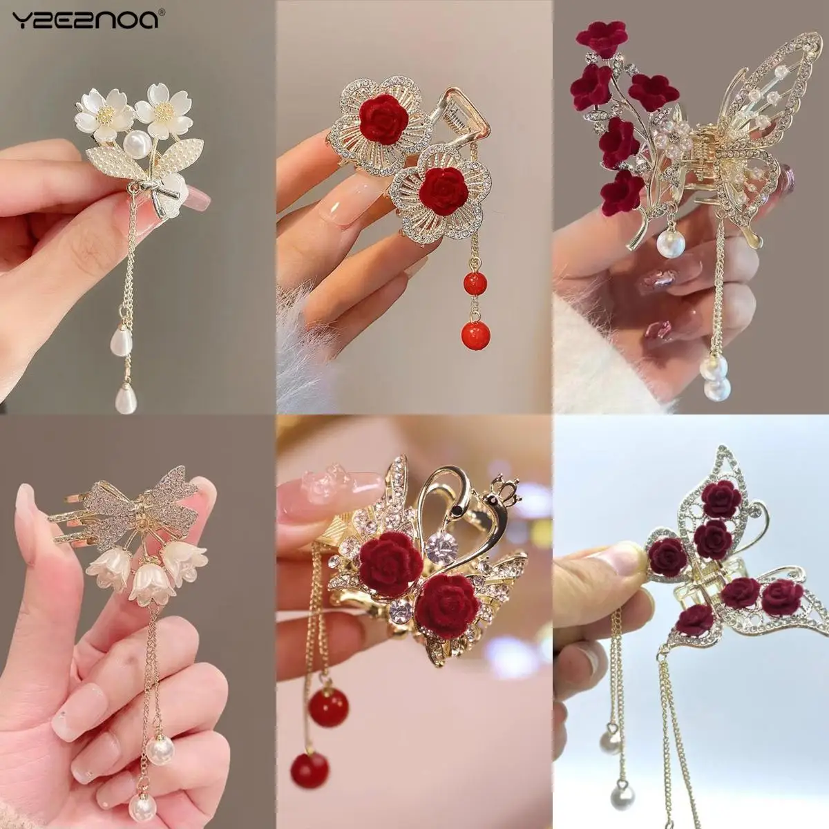 

Exquisite Rhinestone Butterfly Fringe Hair Claw Clip Korean Ponytail Braid Pearl Hairpin Girl Crab Metal Headdress New Year Gift