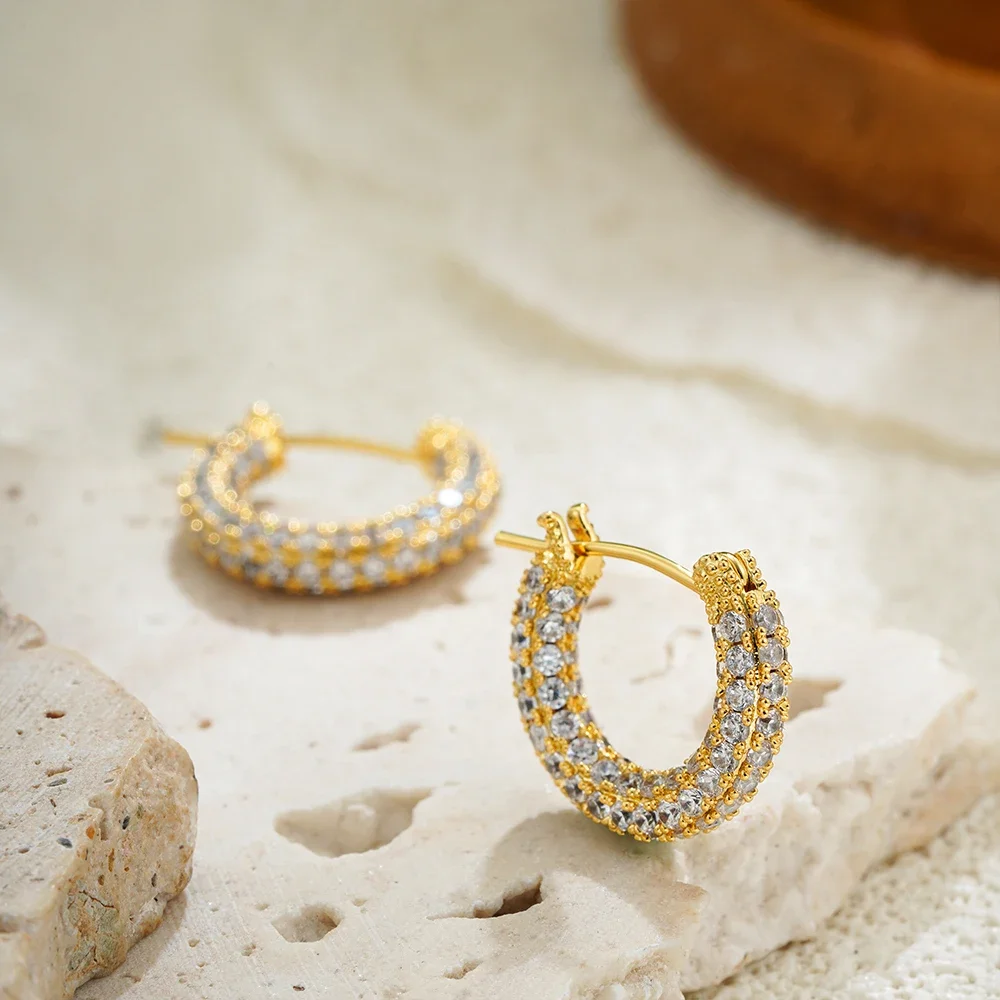 Italianate Embedded with Sparkling Zircon CZ Round Hoop Earrings Minimalist Gold Plated Ear Buckle Charm Rhinestone Jewelry Aros