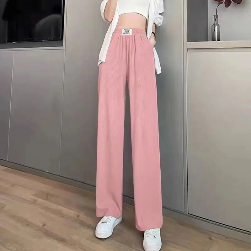 Ice Silk Wide Legged Women's Spring and Autumn Patchwork High Waist Pockets Fashion Slim Drop Straight Casual Floor Slam Pants