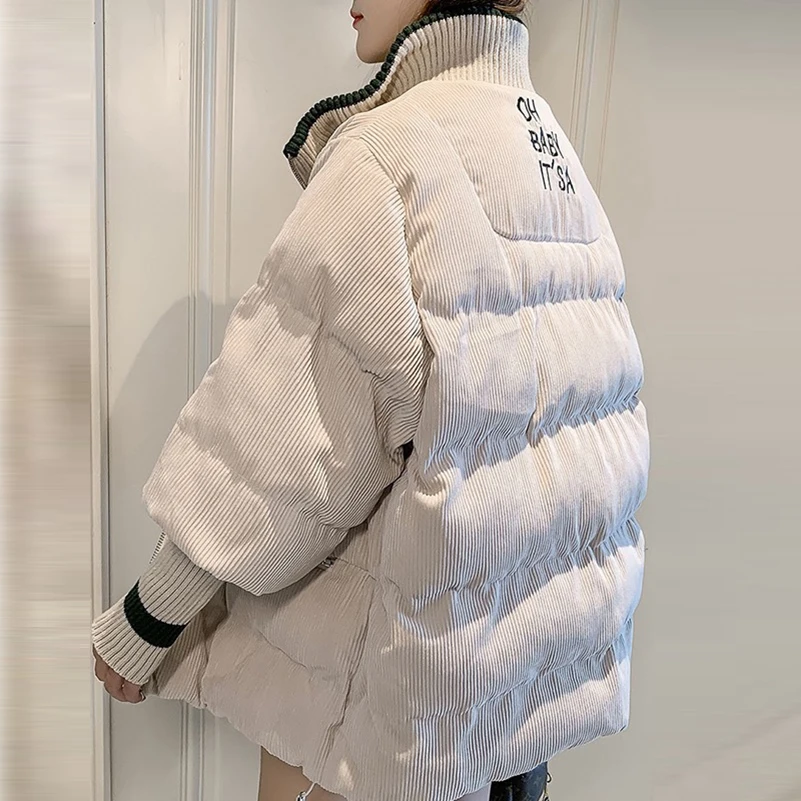 Thick Corduroy Short Parkas Women Letter Print Stand Collar Winter Coat Snow Wear Long Sleeve Outwear Korean Oversized Jacket