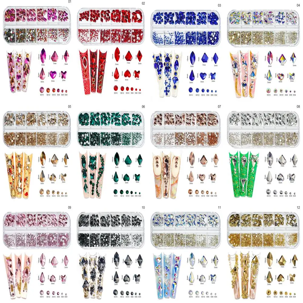 

12Grids/Box Crystal Nail Art Rhinestones Glass Mix SS4-SS16 Nail Stones Gems Shiny Flatback Charms 3D DIY Nail Art Diamonds