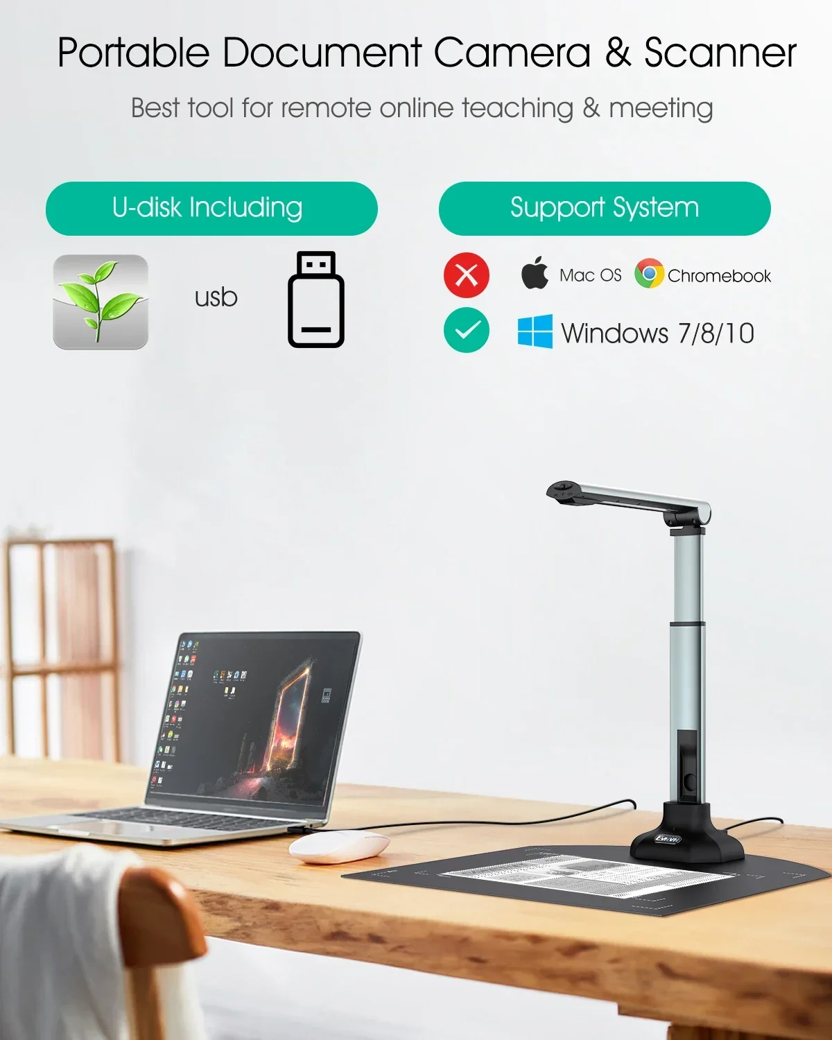12MP USB Document Camera for Teachers Laptop A3/A4 Size Portable Book Document Scanner for Card Passport File Documents