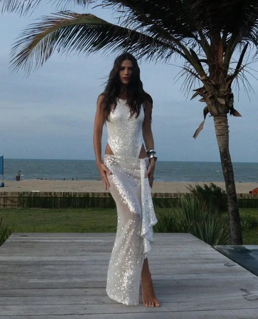 Women Sequin Skirt Set Sexy See through Slim Fit Holiday Outfit Summer Fashion Two Piece Set with Bodysuit And Maxi Skirt