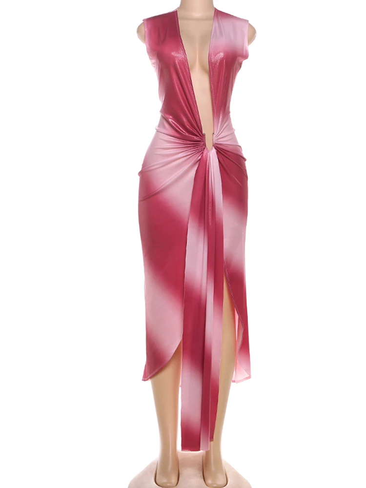 Nibber Ruched Gradient Print Maxi Dress Women Long Tasseldeep v-Neck High Slit Sexy Midnight Wild Beach Party Coquett Vestidos