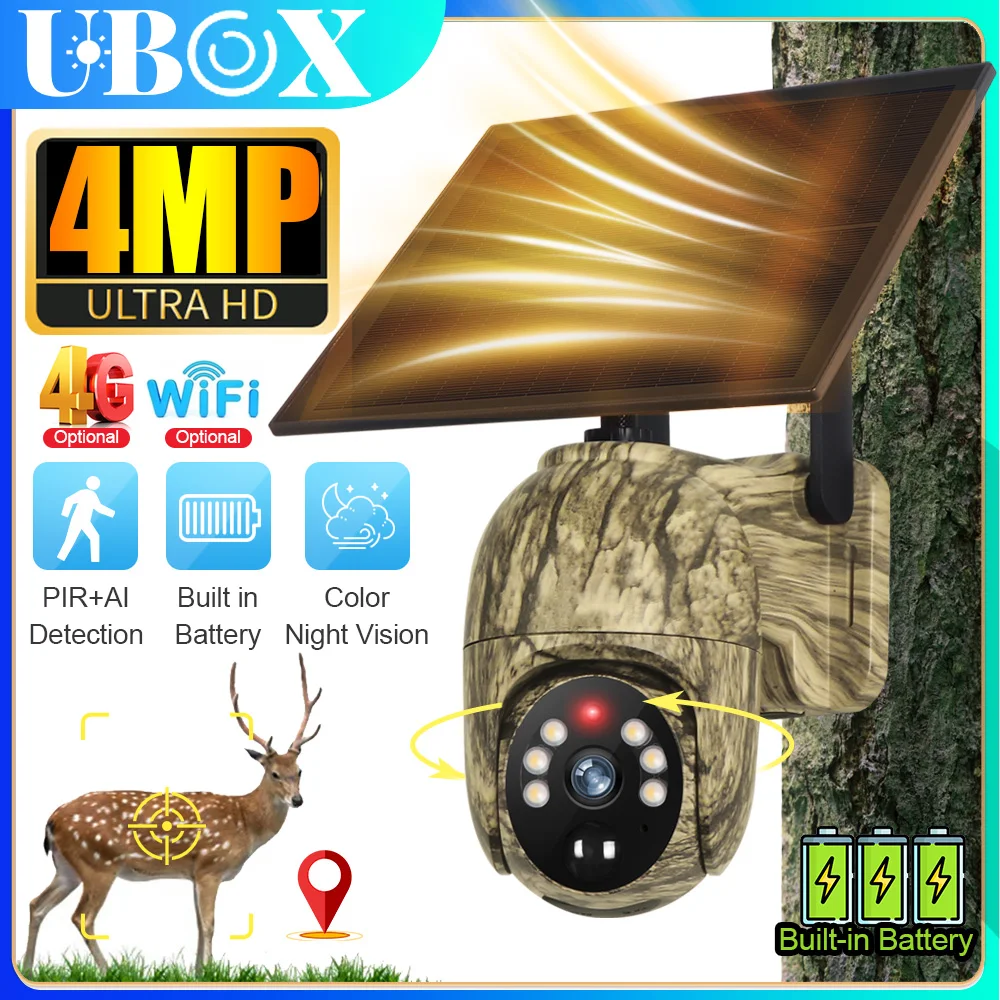 Ubox WiFi Solar Camera 4G LTE Cellular Trail Camera with Solar Panel Security Cam Full Color Night Vision for outdoor Wildlife