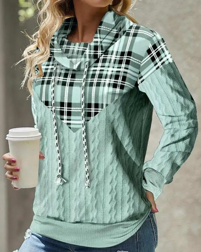 

Woman Fashion Hooded Sweatshirt New Loose Plaid Print Cable Textured Top Women's Casual Long Sleeve Pullover Hoodie