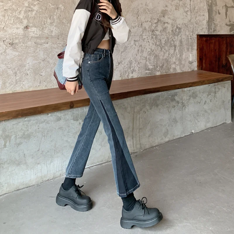 

Blue Jeans Women Contrasting Colors High Waisted Vintage Baggy Pants American Fashion Denim Summer Straight Wide Leg Trouser