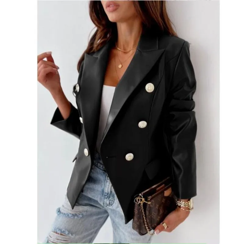 

Autumn and Winter Women's Solid Color Long Sleeve Double Breasted Loose Leather Suit Coat Fashion Casual Formal Office Lady Tops