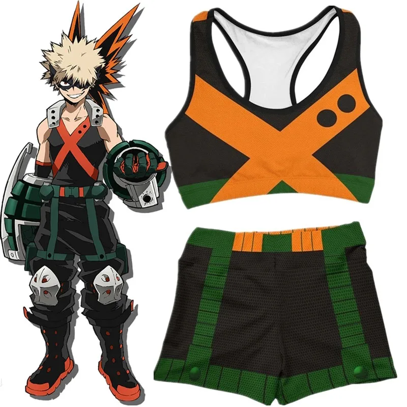Anime My Hero Academia Cosplay Bakugou Katsuki Tank Top Shorts Women Sexy Gym Yoga Uniform Tracksuit Fitness Costume |