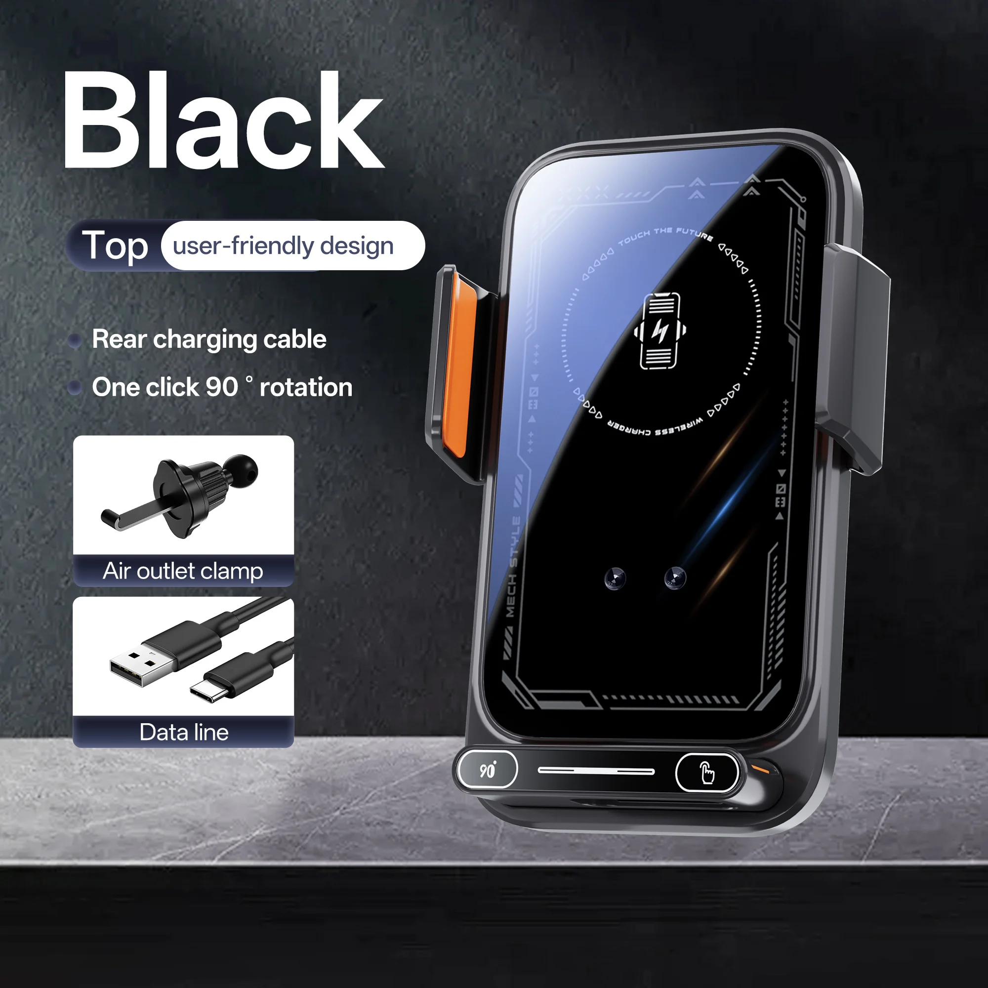 15W Qi Wireless Charging Smart Car Phone Holder with Motorized Rotation & One-Touch Release