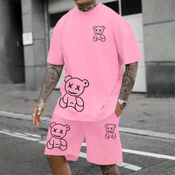 2024 Fun Bear Harajuku T-Shirt Men's Summer Loose Daily Couple Suit Outdoor Street Short Sleeve Shorts Two Piece Men Summer Suit 1