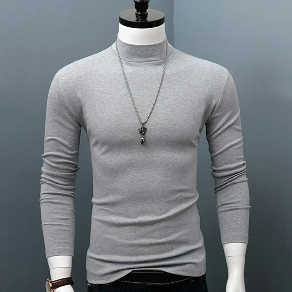 

A3356 Hot Winter Warm Men Mock Neck Basic Plain T-shirt Blouse Pullover Long Sleeve Top Male Outwear Slim Fit Stretch