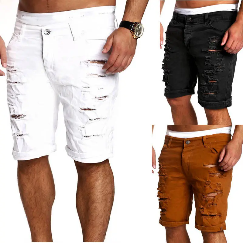 Men Boy Skinny Runway Straight Short Denim Pants Destroyed Ripped Jeans Shorts Plus Size