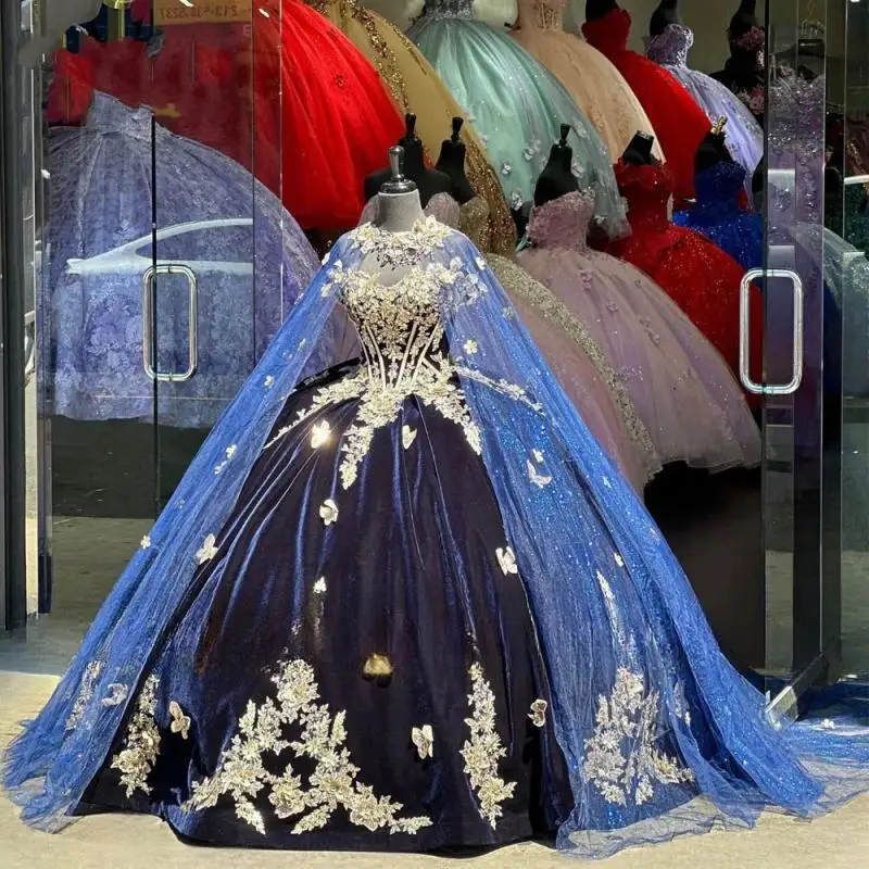 

Mexican Navy Blue Appliques Quinceanera Dresses 2024 With Cape Off the Shoulder Ball Gown Sweet 15 Dress Birthday Dress