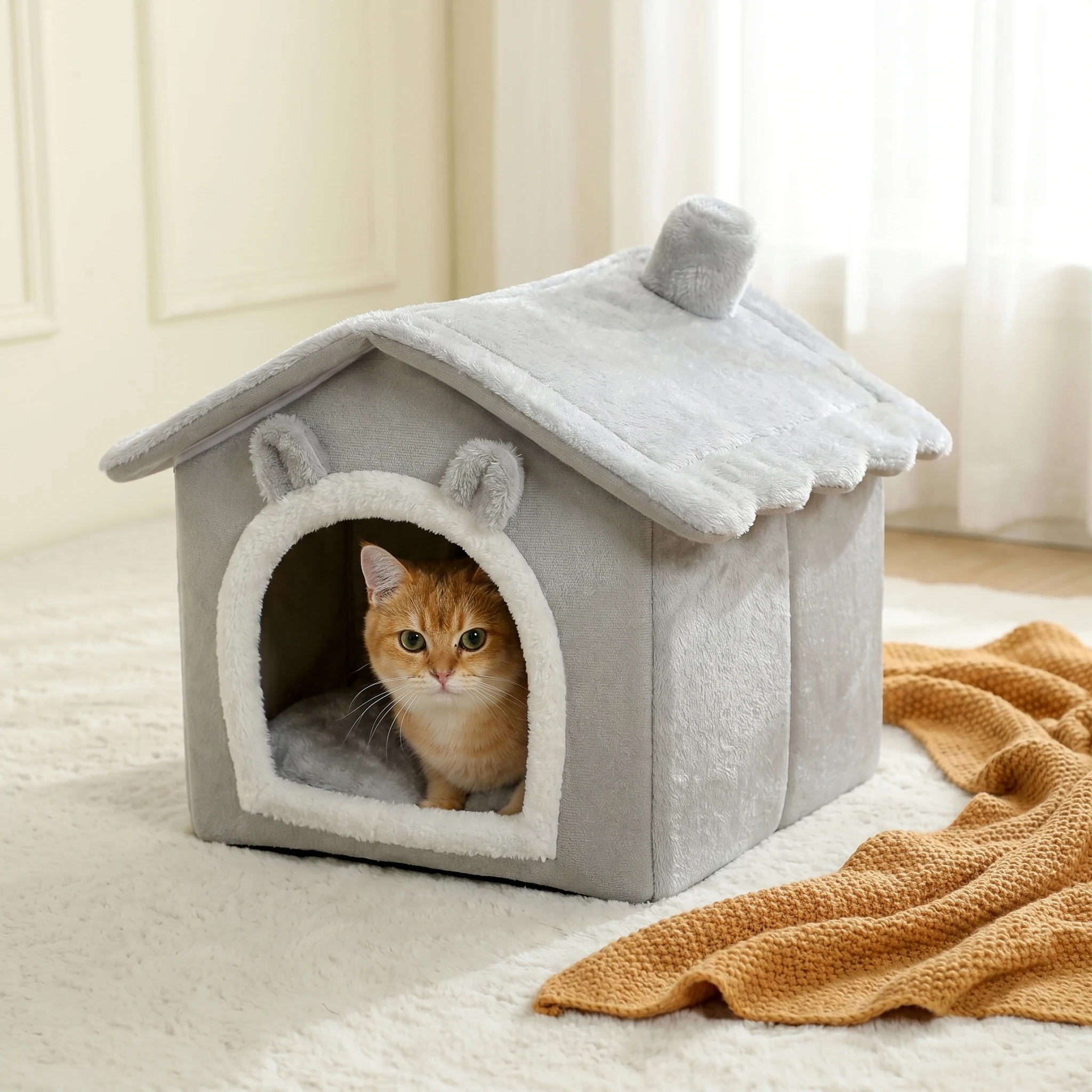 Lit maison pliable et lavable pour chat et petit chien avec coussin amovible_voghion.com