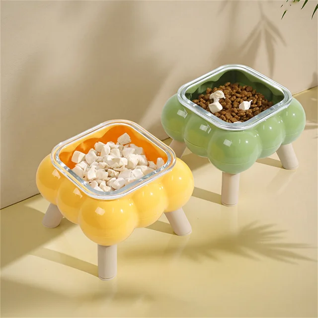 1 PCS New cat eating tall bowl bubble glass four-legged high-leg cat bowl easy to clean pet high-legged neck bowl 3