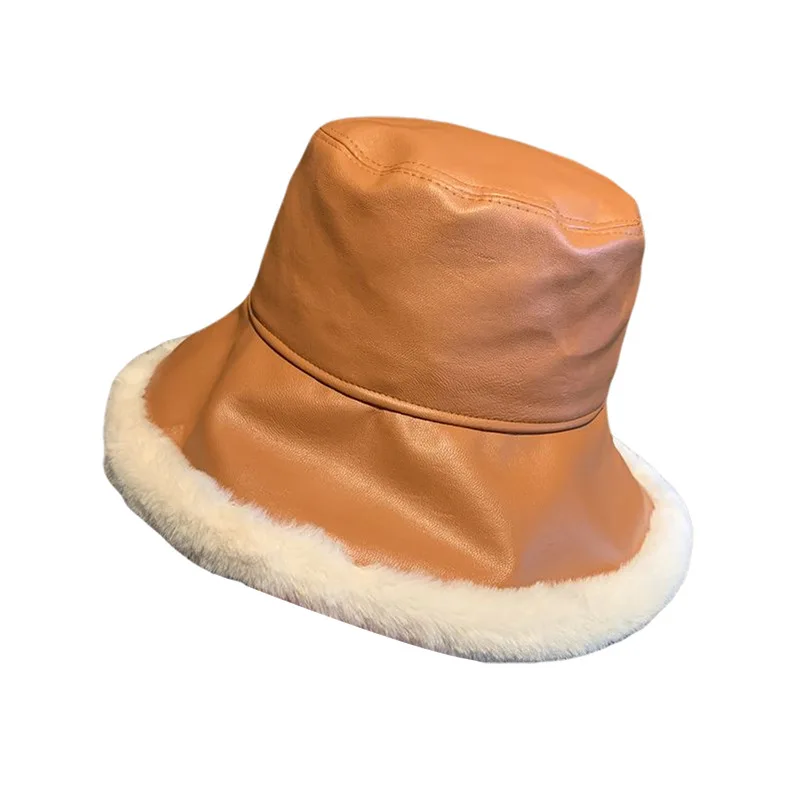 2021 Autumn Winter Bucket Hats Women PU Leather Panama Hat Thick Warm Plush Fisherman Cap for Girl Crimping Basin Hat Kapelusz
