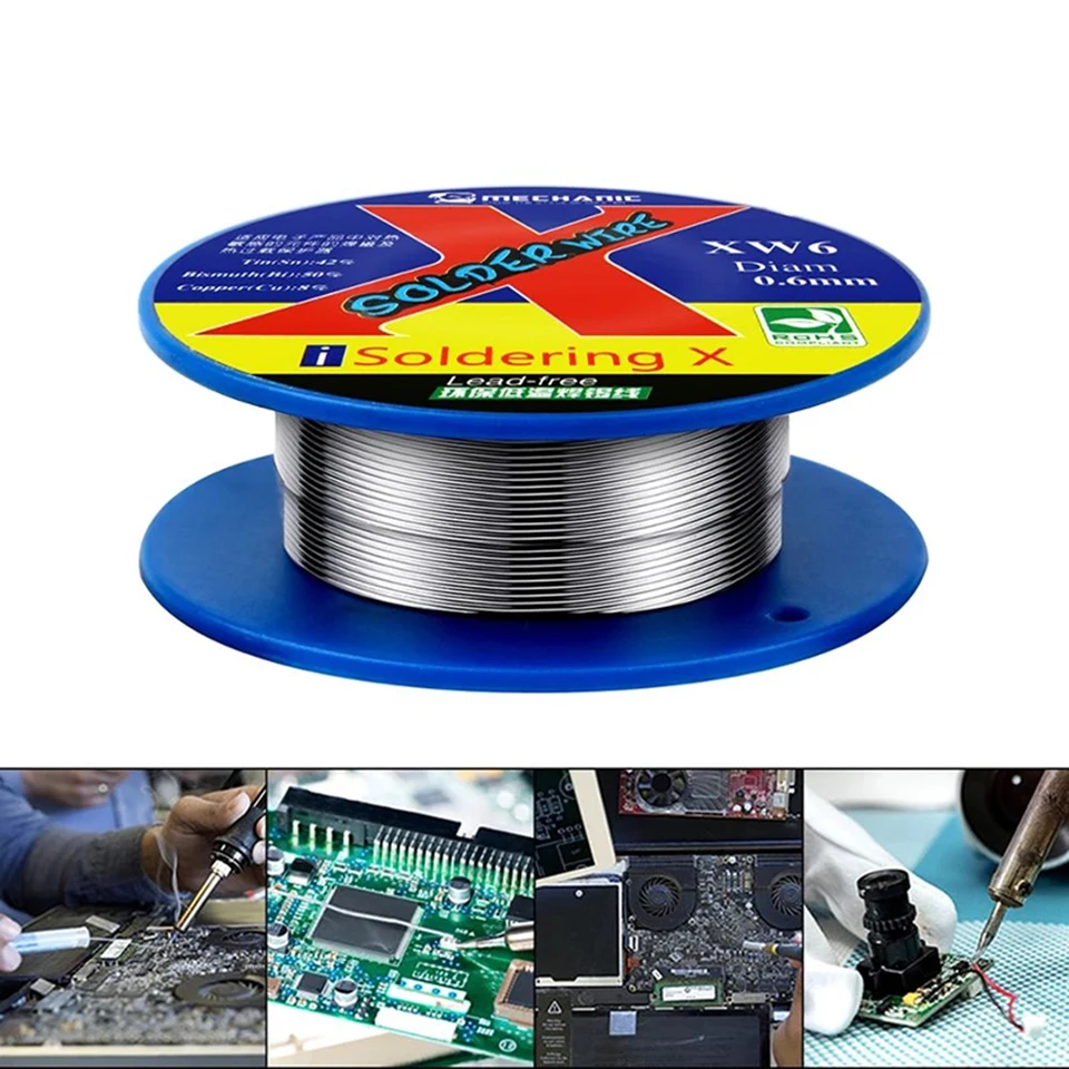 Soldering Wire Soldering Tin Wire MECHANIC XW 0.5/0.6mm 50g Mild Rosin Core Lead-Free Sn42/Bi50/Cu8 138℃ Low Melting Point High-Purity Solder Wire Soldering Flux