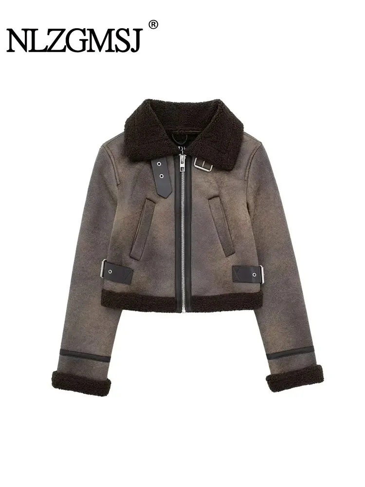 

TRAF 2024 Winter Faux Fur Leather Jacket Women Streetwear Lapel Zipper Lamb Windbreaker Coat Lady Thick Warm Short Outwear
