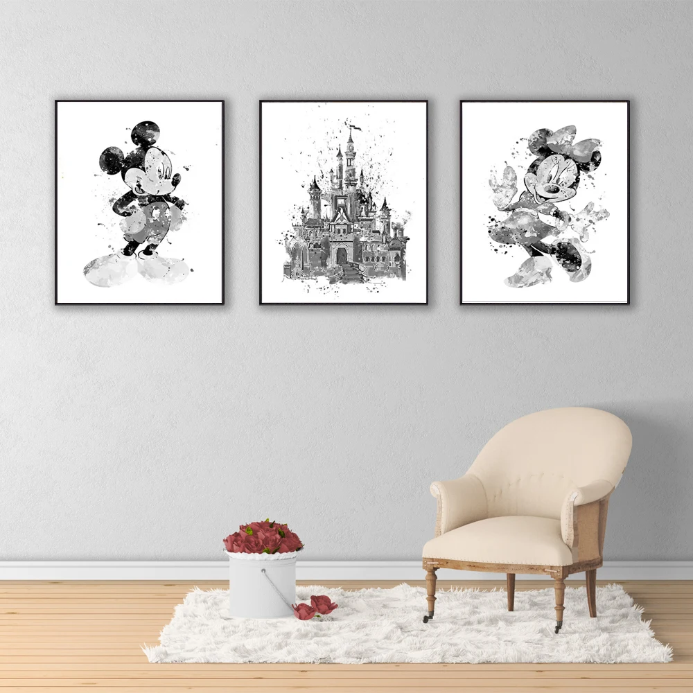 Tableaux Disney Aquarelle Noir & Blanc - Mickey Minnie Château