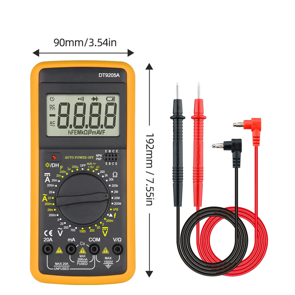 DT-9205A Digital Multimeter Multimeter Tester Voltage Meter Tester Ammeter Voltmeter Digital Voltage Tester Resistance Auto Range Multimetro Meter Test Probes