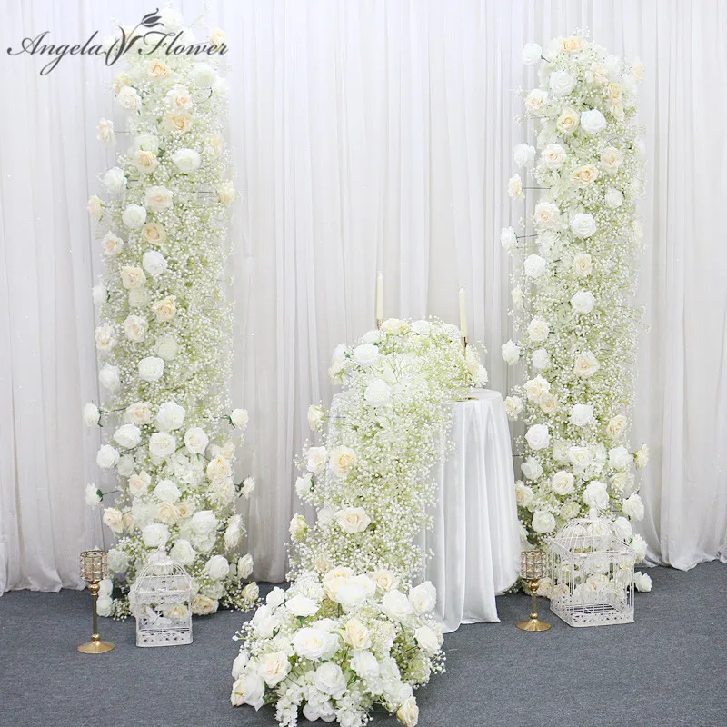 IvoryRoseWhiteGypsophilaBabyBreathFlowerRowArrangementWeddingBackdropPropTable