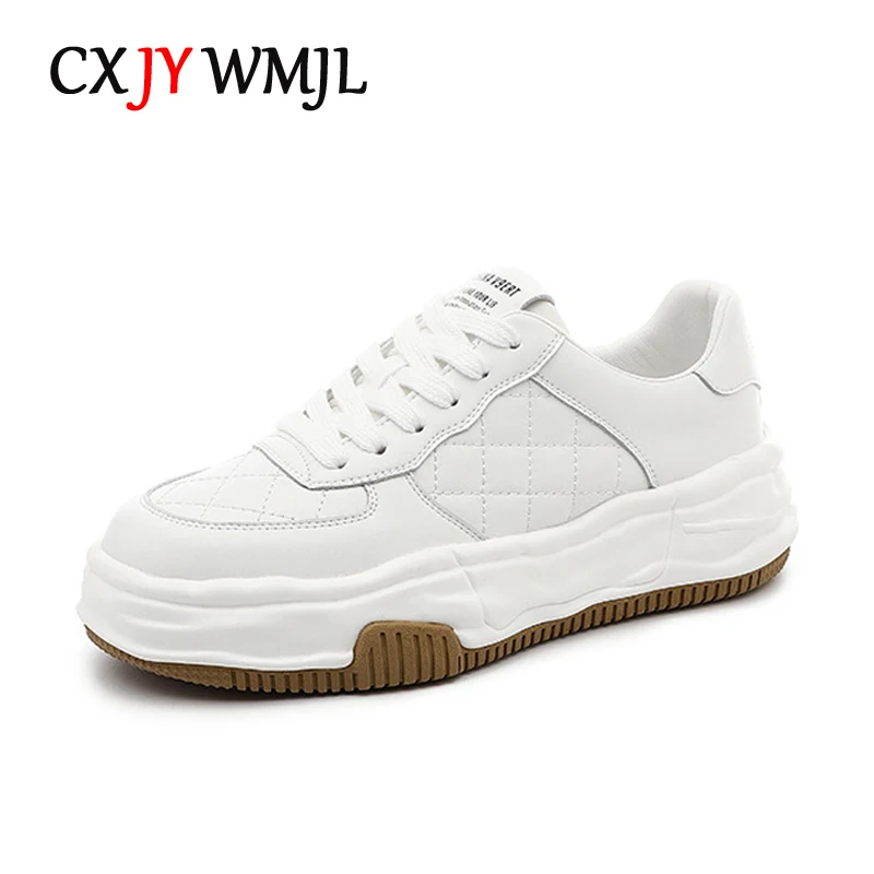 

CXJYWMJL Genuine Leather Women Platform Sneakers Autumn Casual Vulcanized Shoes Ladies Thick Bottom Sports White Skate Shoes