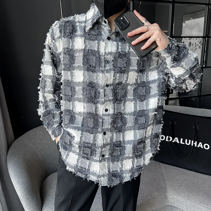 Brand ClothingMen's Spring High Quality Long Sleeve Shirts/Male Loose Plaid Lapel Casual Club Shirts M-2XL